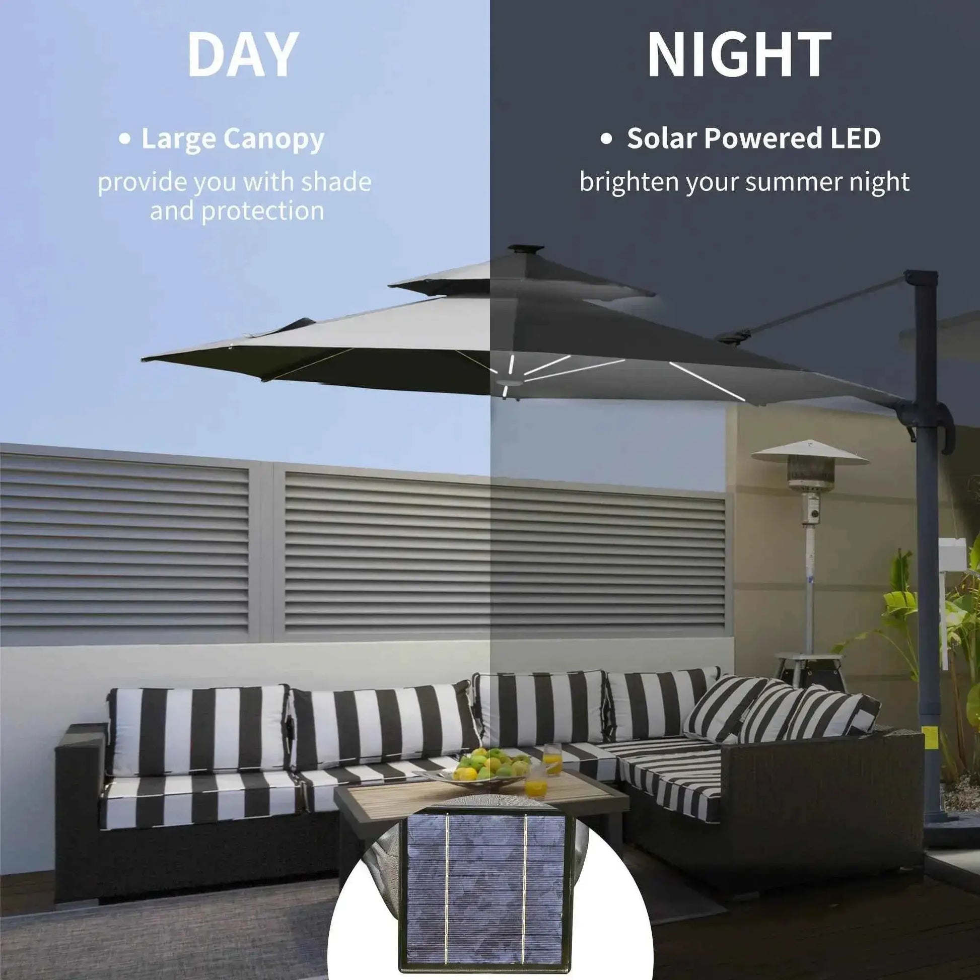 Outsunny 3m Cantilever Parasol – Solar Lights, Power Bank, 360° Spin | 84D-109V01CG