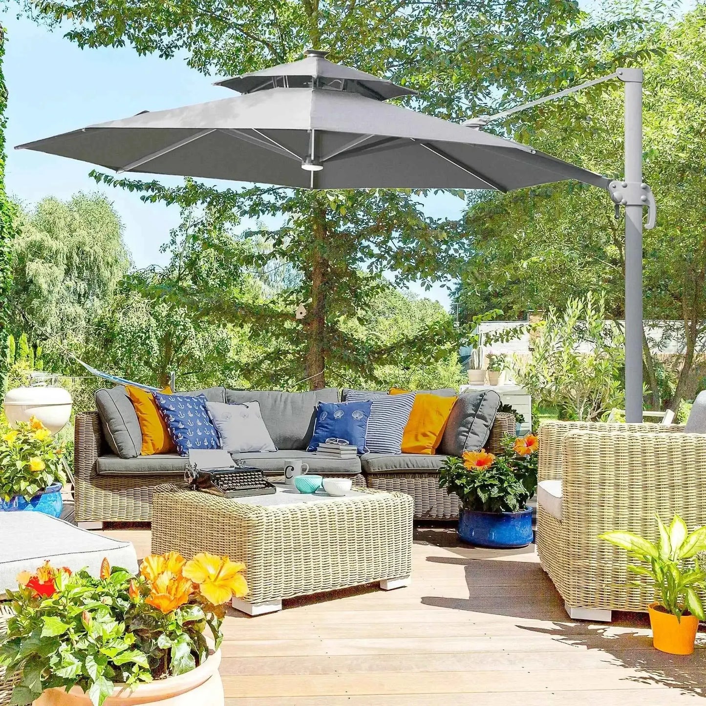 Outsunny 3m Cantilever Parasol – Solar Lights, Power Bank, 360° Spin | 84D-109V01CG