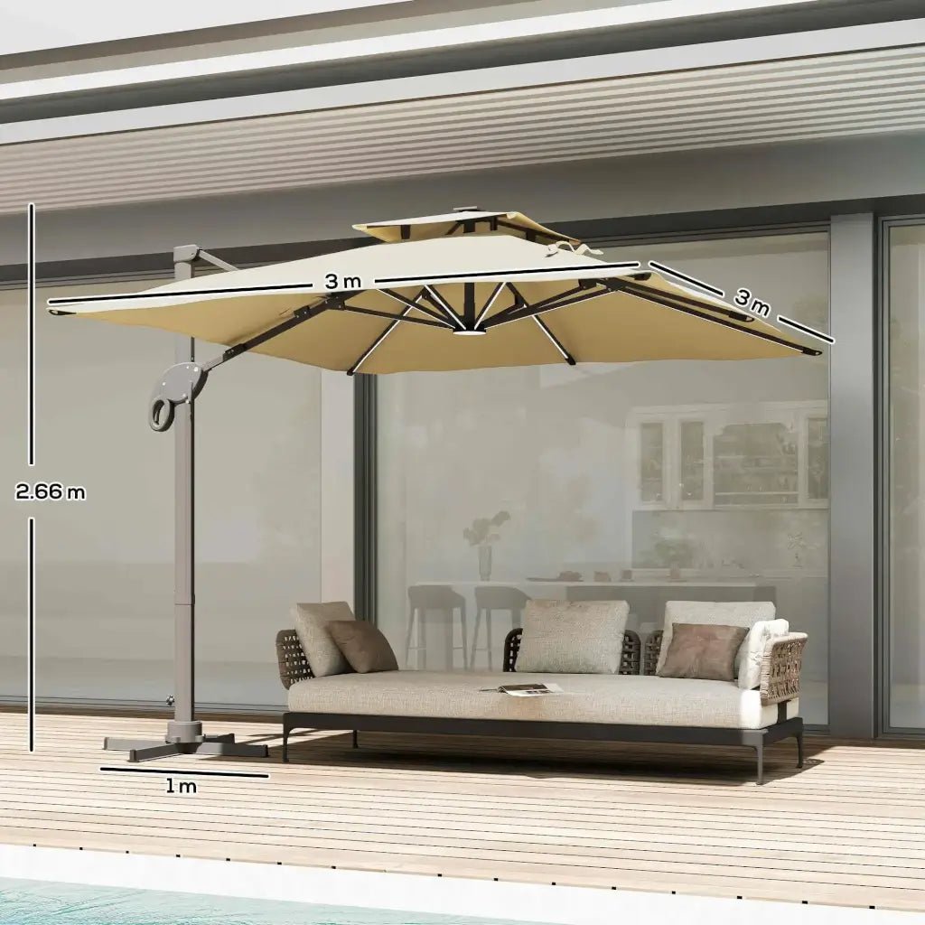 Outsunny 3m Cantilever Parasol with Solar LED Lights & 360° Rotation - Khaki | 84D‑108 - Furniture, Lighting & Decor