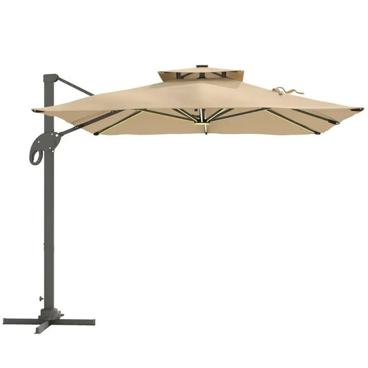 Outsunny 3m Cantilever Parasol with Solar LED Lights & 360° Rotation - Khaki | 84D‑108 - Furniture, Lighting & Decor
