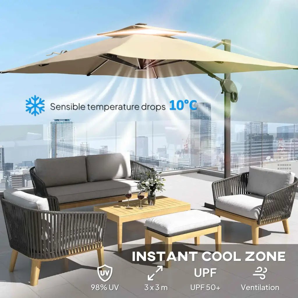 Outsunny 3m Cantilever Parasol with Solar LED Lights & 360° Rotation - Khaki | 84D‑108 - Furniture, Lighting & Decor