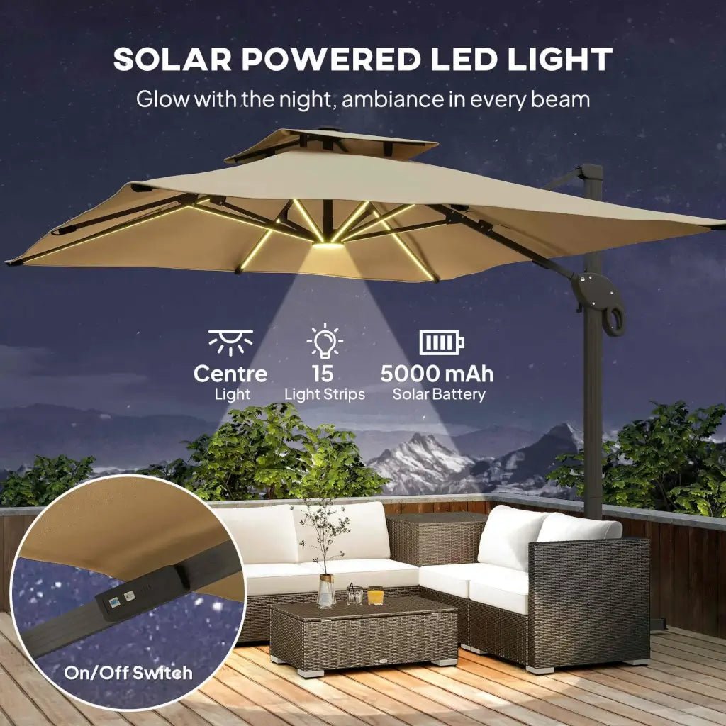 Outsunny 3m Cantilever Parasol with Solar LED Lights & 360° Rotation - Khaki | 84D‑108 - Furniture, Lighting & Decor
