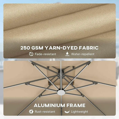 Outsunny 3m Cantilever Parasol with Solar LED Lights & 360° Rotation - Khaki | 84D‑108 - Furniture, Lighting & Decor