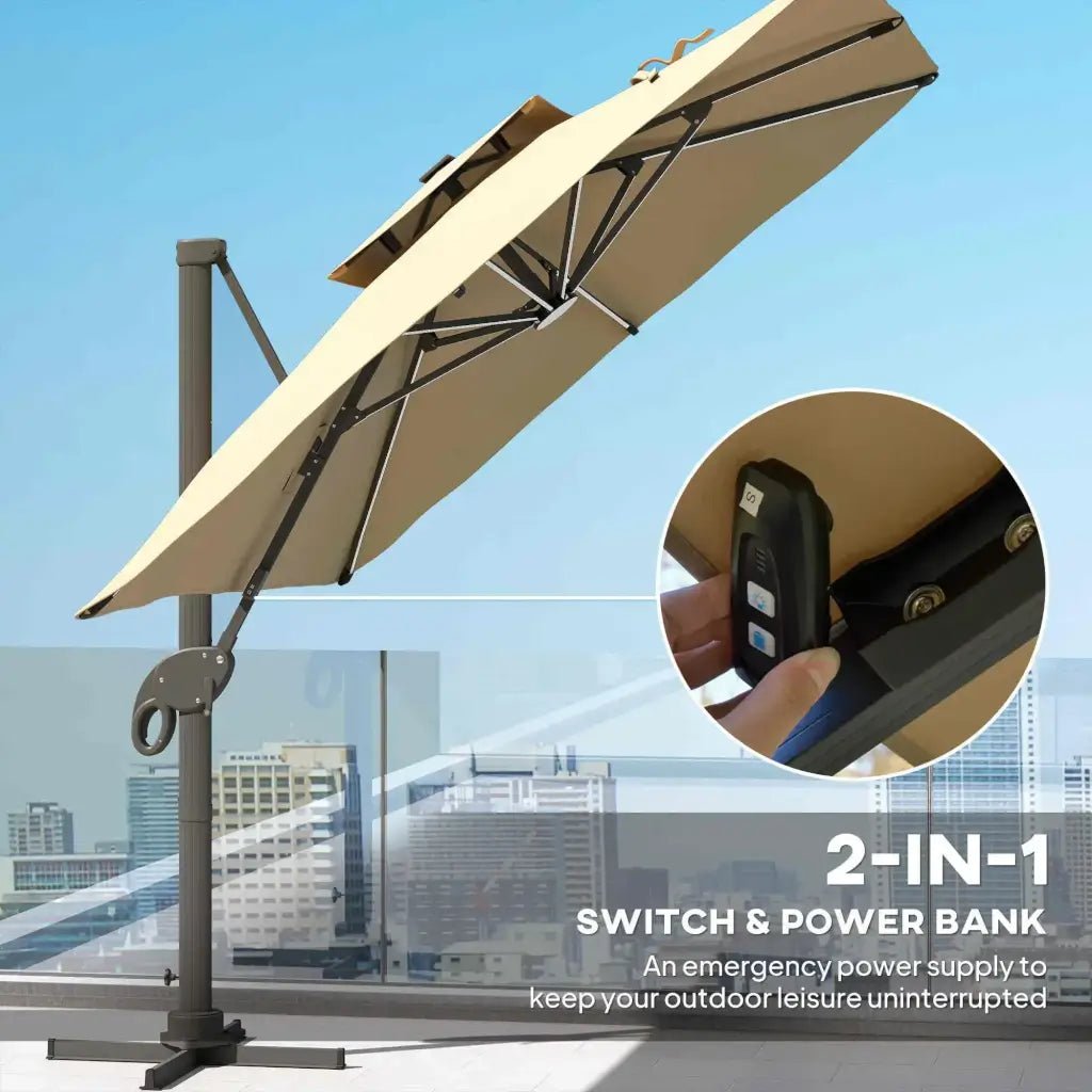 Outsunny 3m Cantilever Parasol with Solar LED Lights & 360° Rotation - Khaki | 84D‑108 - Furniture, Lighting & Decor