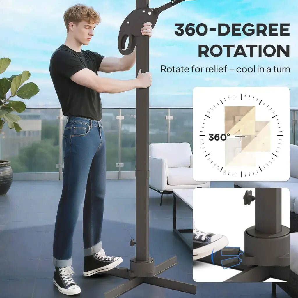 Outsunny 3m Cantilever Parasol with Solar LED Lights & 360° Rotation - Khaki | 84D‑108 - Furniture, Lighting & Decor