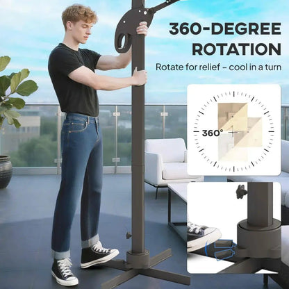 Outsunny 3m Cantilever Parasol with Solar LED Lights & 360° Rotation - Khaki | 84D‑108 - Furniture, Lighting & Decor