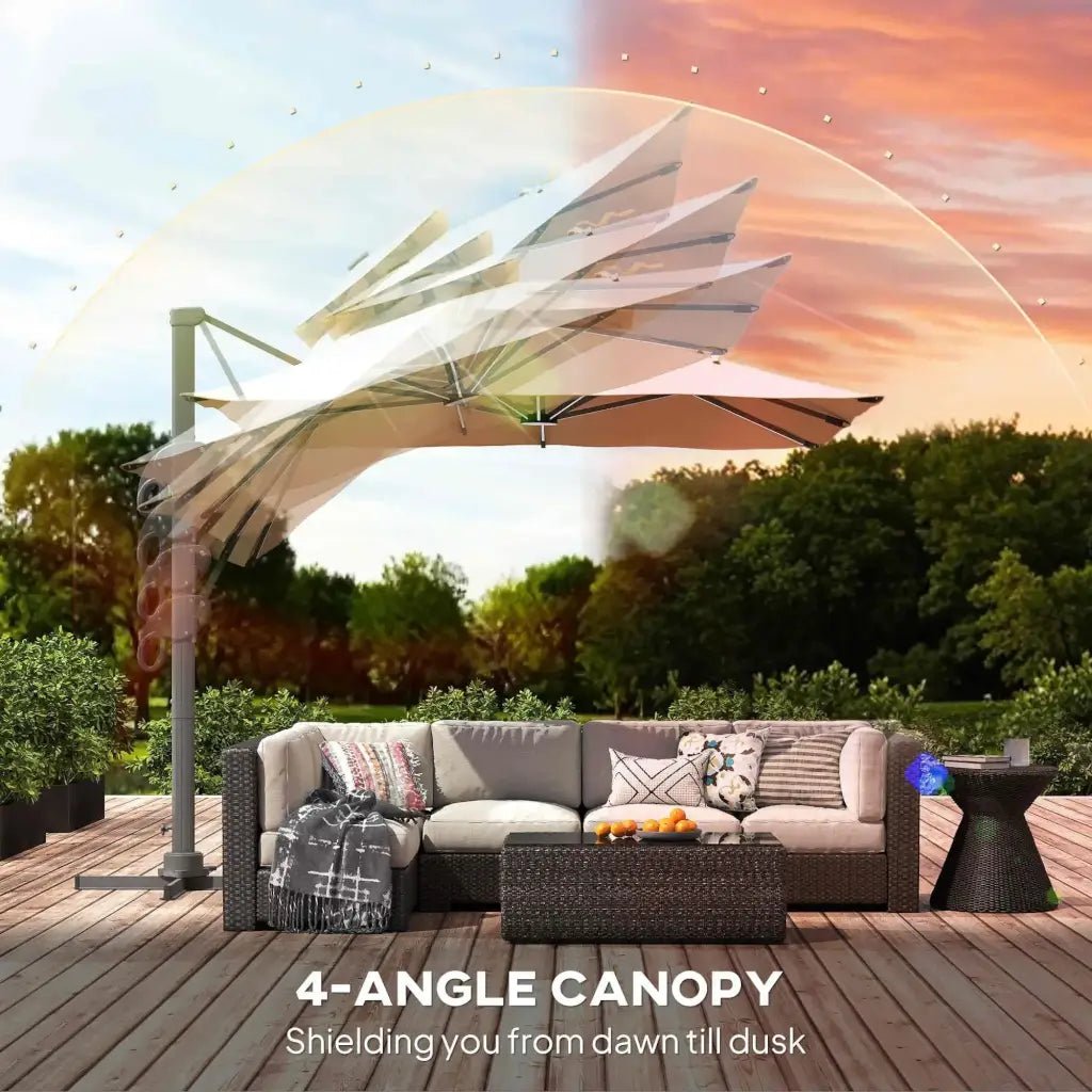 Outsunny 3m Cantilever Parasol with Solar LED Lights & 360° Rotation - Khaki | 84D‑108 - Furniture, Lighting & Decor