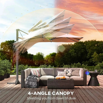Outsunny 3m Cantilever Parasol with Solar LED Lights & 360° Rotation - Khaki | 84D‑108 - Furniture, Lighting & Decor