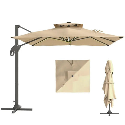 Outsunny 3m Cantilever Parasol with Solar LED Lights & 360° Rotation - Khaki | 84D‑108 - Furniture, Lighting & Decor