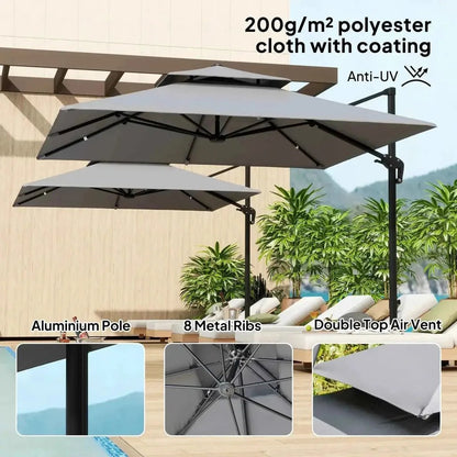 Outsunny 3m large square cantilever parasol with gray double-tiered canopy black aluminum pole and metal ribs