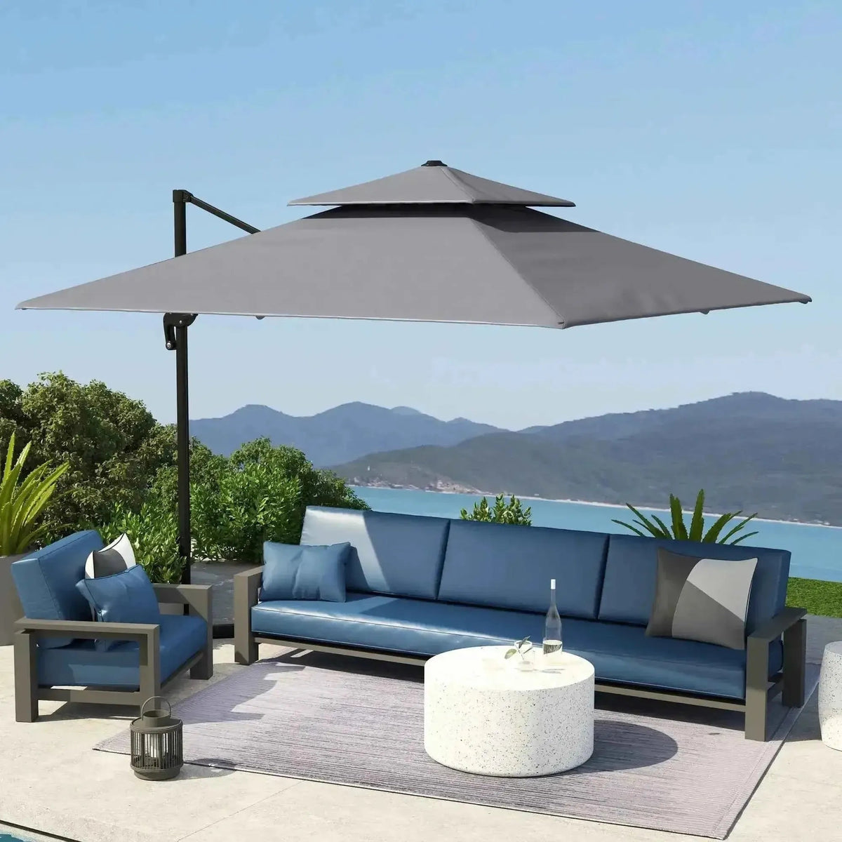Gray double-tiered cantilever patio umbrella with black metal frame outsunny 3m large square cantilever parasol