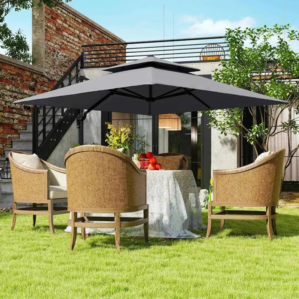 Outsunny gray double-tiered 3m large square cantilever patio umbrella with black metal frame for outdoor use