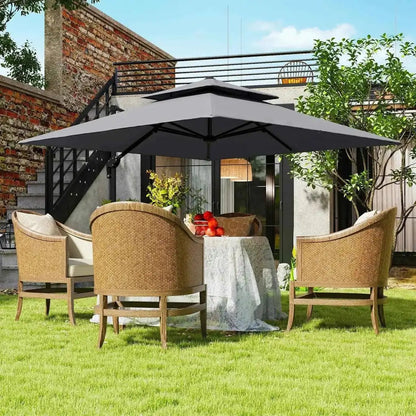 Outsunny gray double-tiered 3m large square cantilever patio umbrella with black metal frame for outdoor use