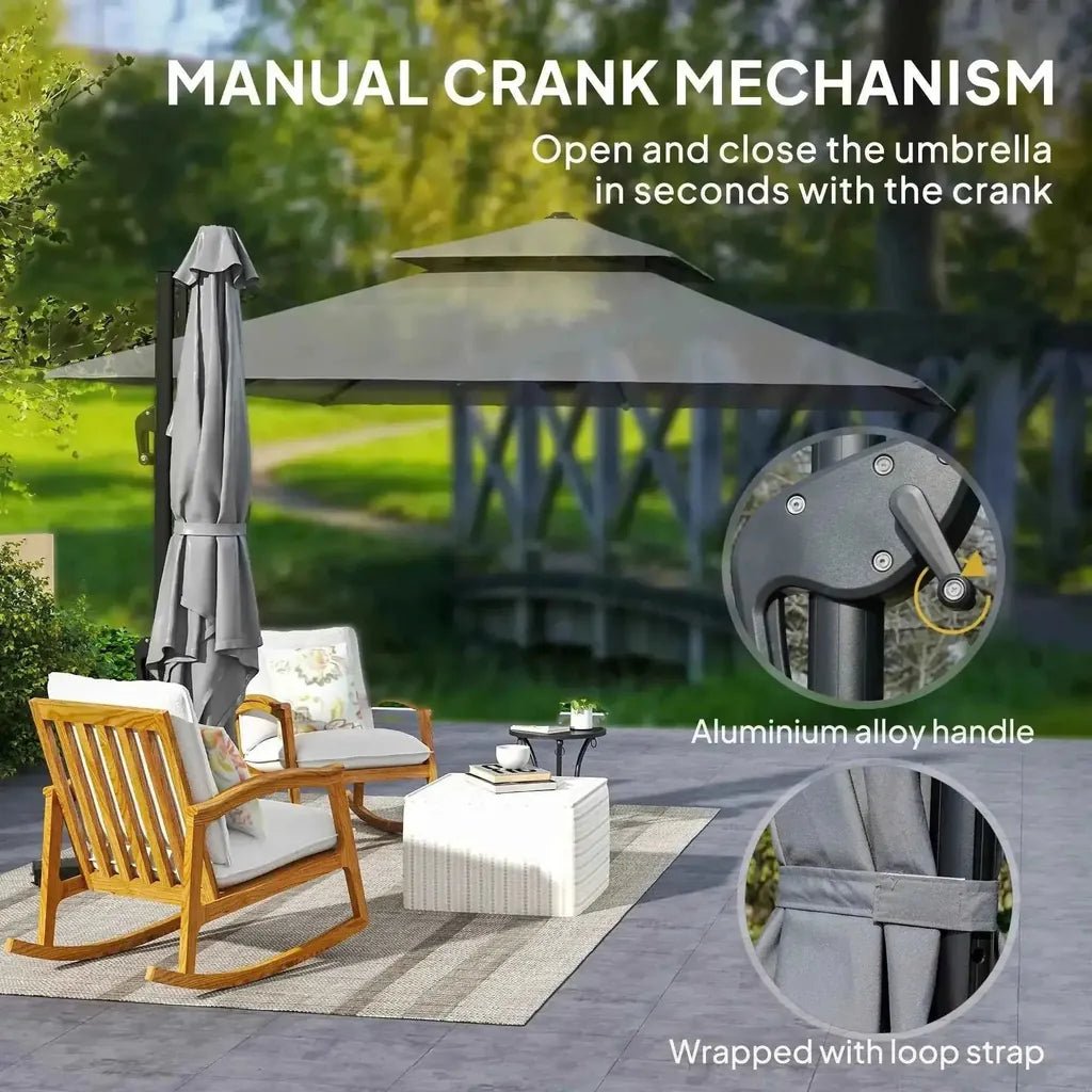 Outsunny 3m large square cantilever parasol in light grey with gray fabric, manual crank, and aluminum alloy handle