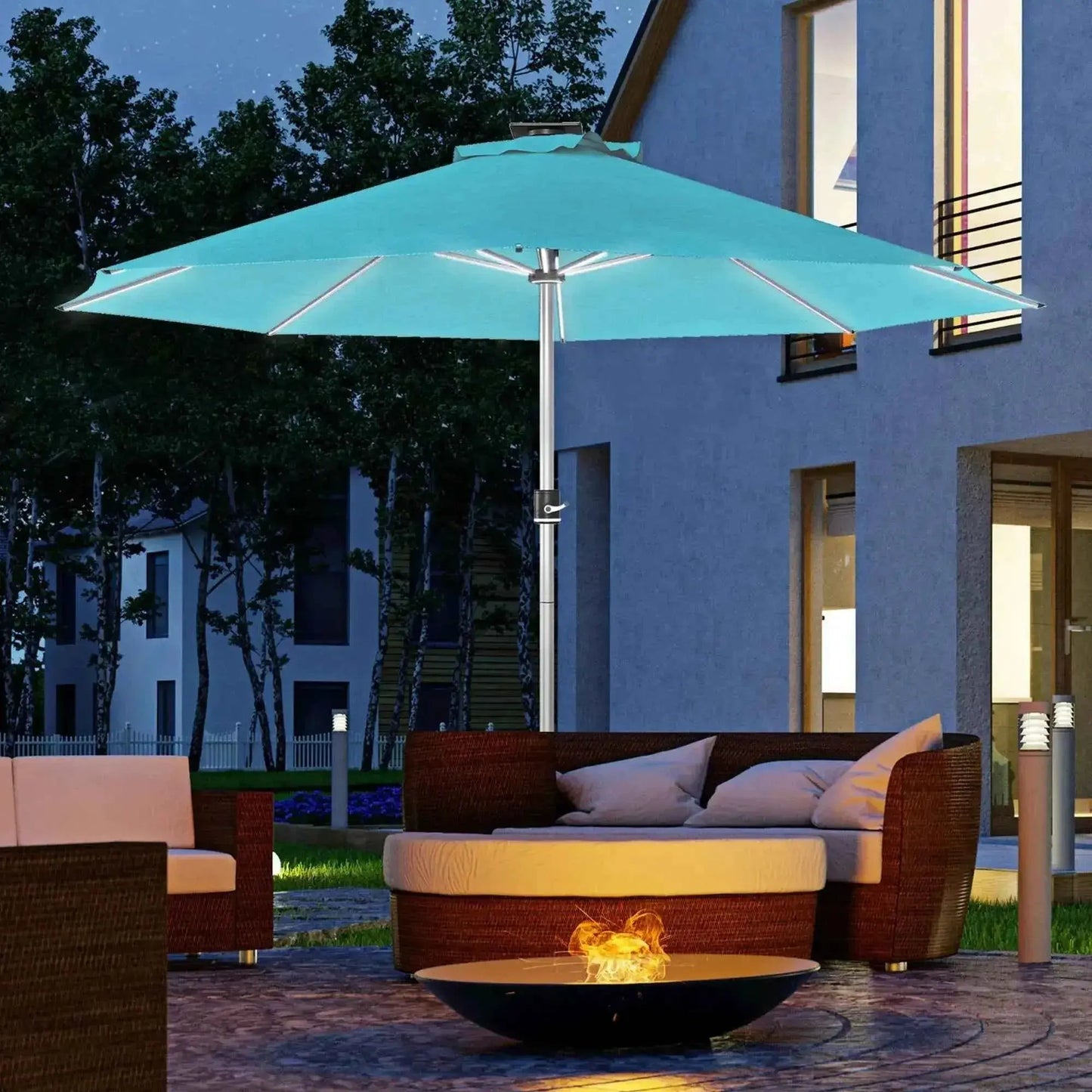 Teal outsunny 3m parasol with solar led lights featuring integrated lighting for outdoor patio use