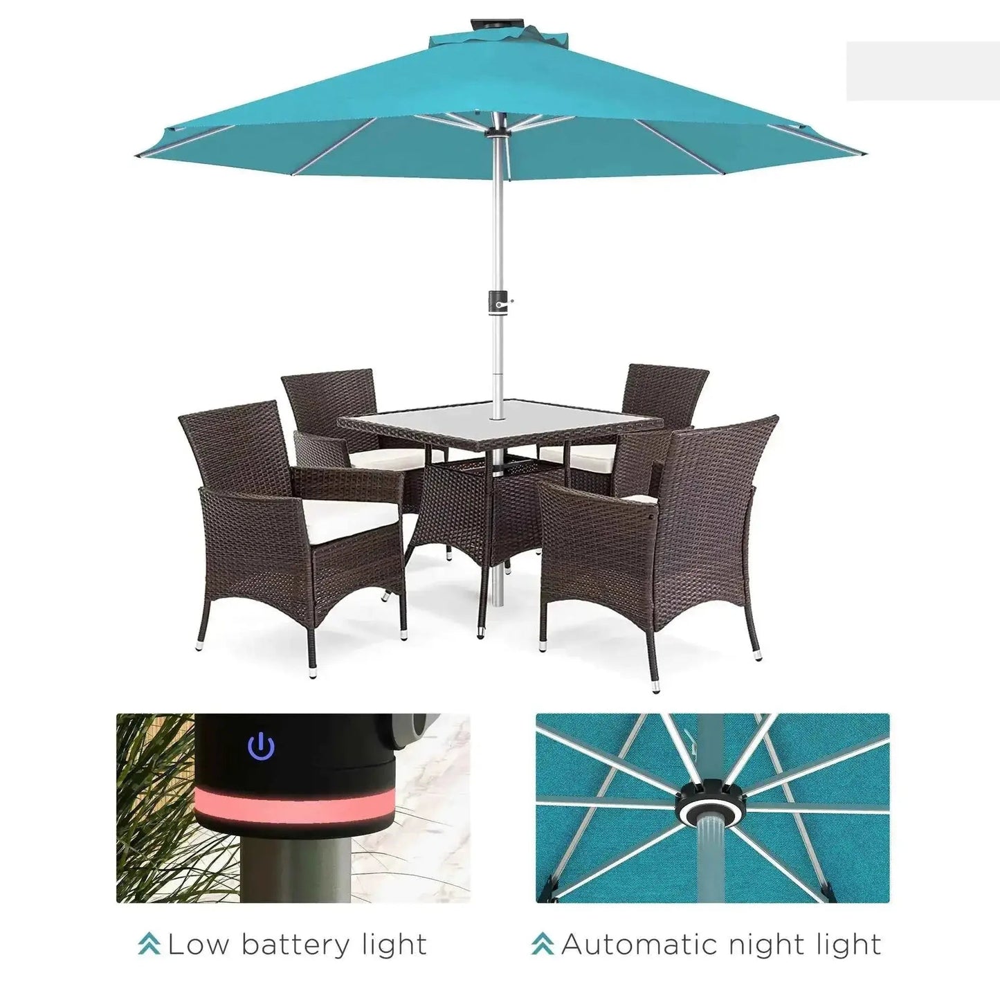 Outsunny 3m teal patio parasol with silver pole and automatic solar LED night light for outdoor shading and lighting