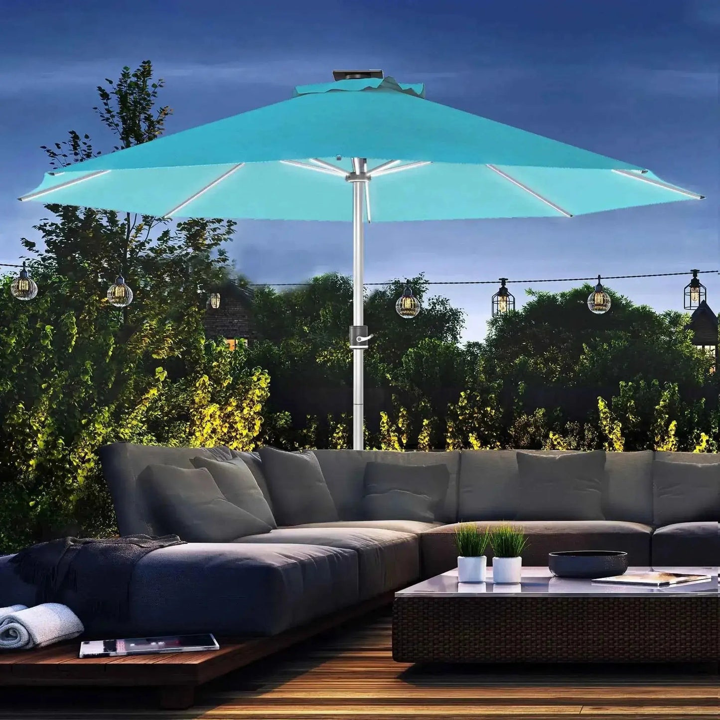 Outsunny 3m blue solar-powered patio parasol with turquoise canopy, white pole, and integrated led lights
