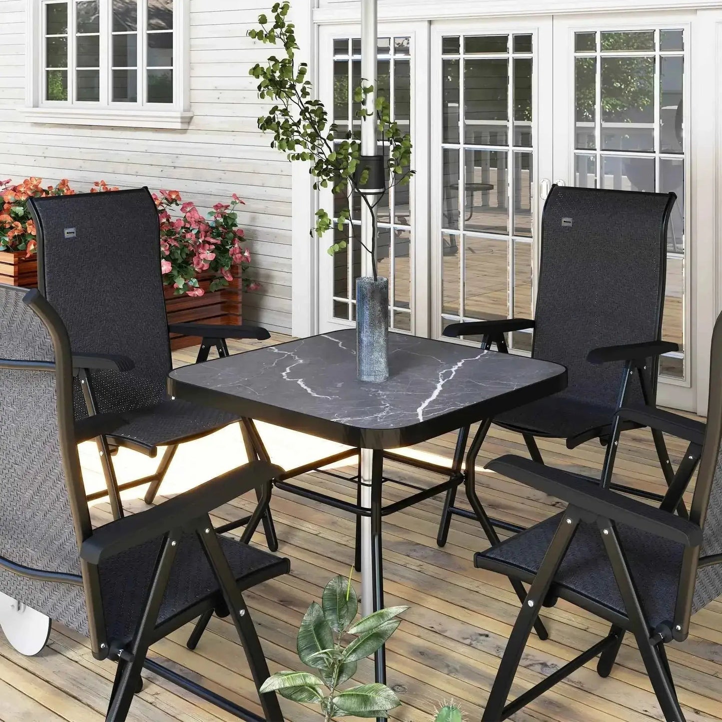 Black mesh patio chair set with metal frames and folding legs shown with outsunny 3m grey parasol with solar led lights