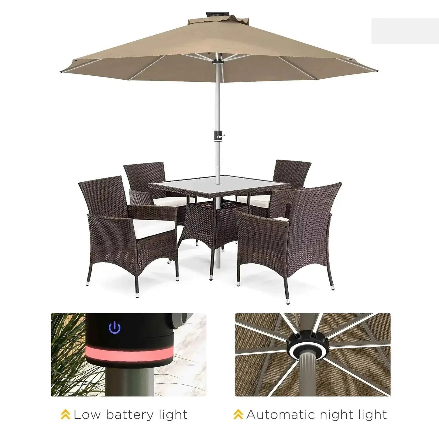 Beige outsunny 3m parasol with silver pole and integrated automatic solar led night light for patio use