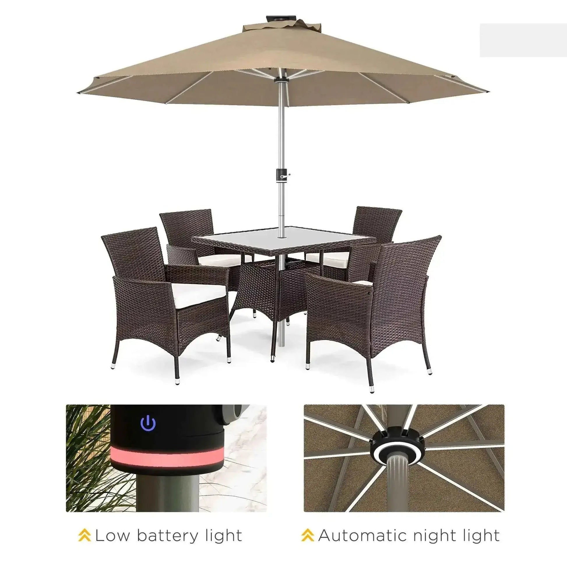 Beige outsunny 3m parasol with silver pole and integrated automatic solar led night light for patio use