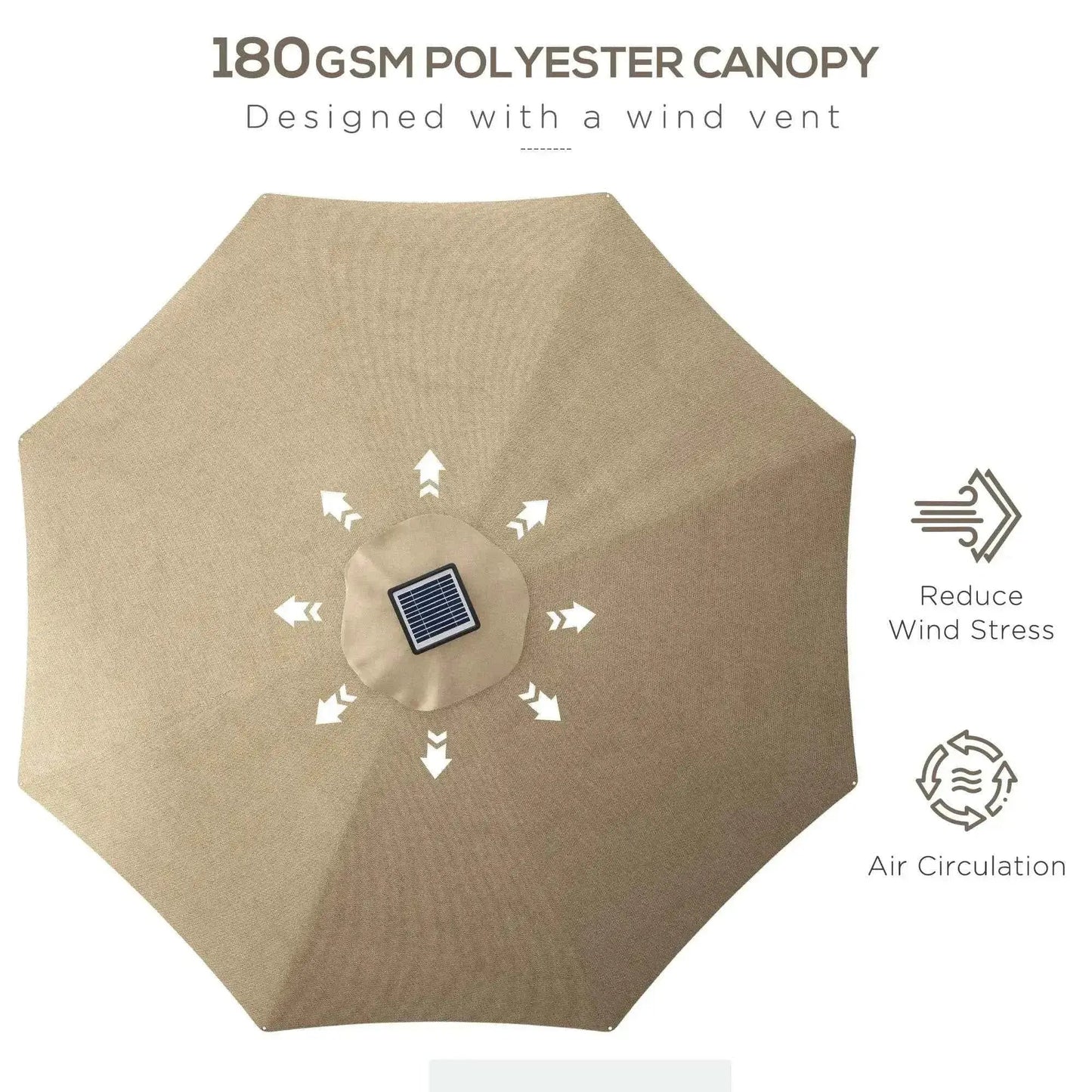 Beige 180 gsm polyester outsunny 3m patio umbrella with central solar panel and wind vent design in khaki