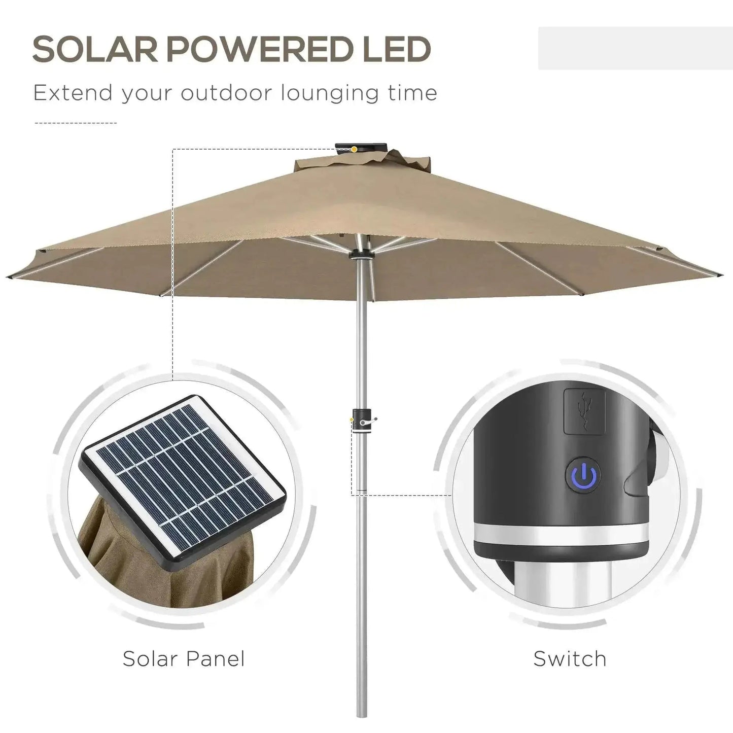 Beige outsunny 3m parasol solar led patio umbrella with sleek silver pole and black switch for outdoor lighting