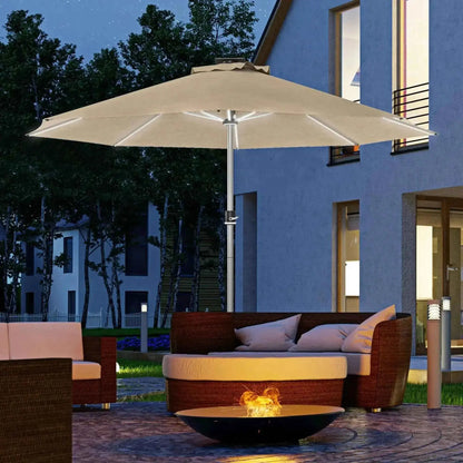 Beige outsunny 3m parasol with solar LED lights, sleek metallic pole, and integrated lighting for patio shade