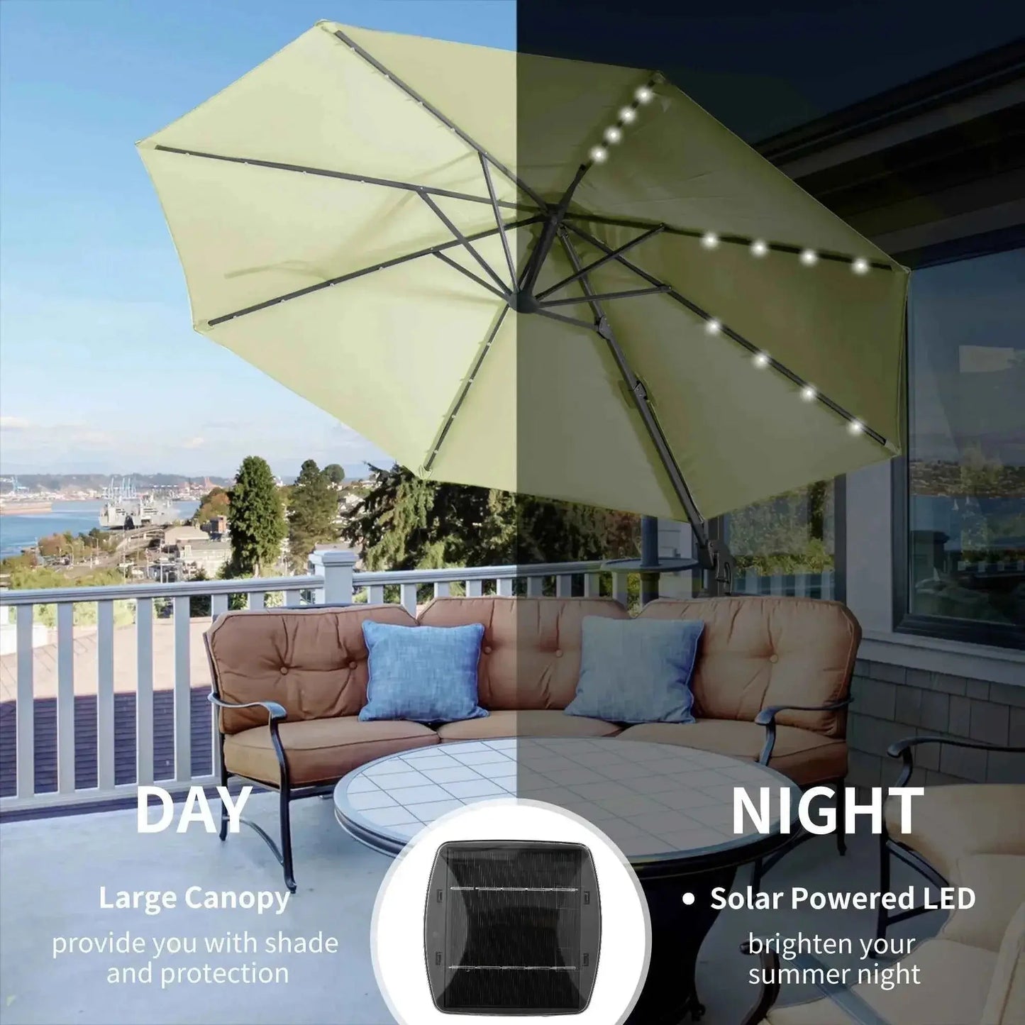 Beige outsunny 3m solar led cantilever parasol with led lights along frame for patio outdoor use