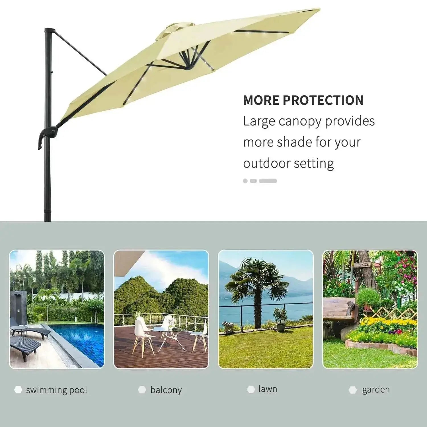 Beige outsunny 3m solar led cantilever parasol with black metal frame and 360 degree rotation for patio use