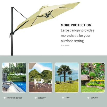 Beige outsunny 3m solar led cantilever parasol with black metal frame and 360 degree rotation for patio use