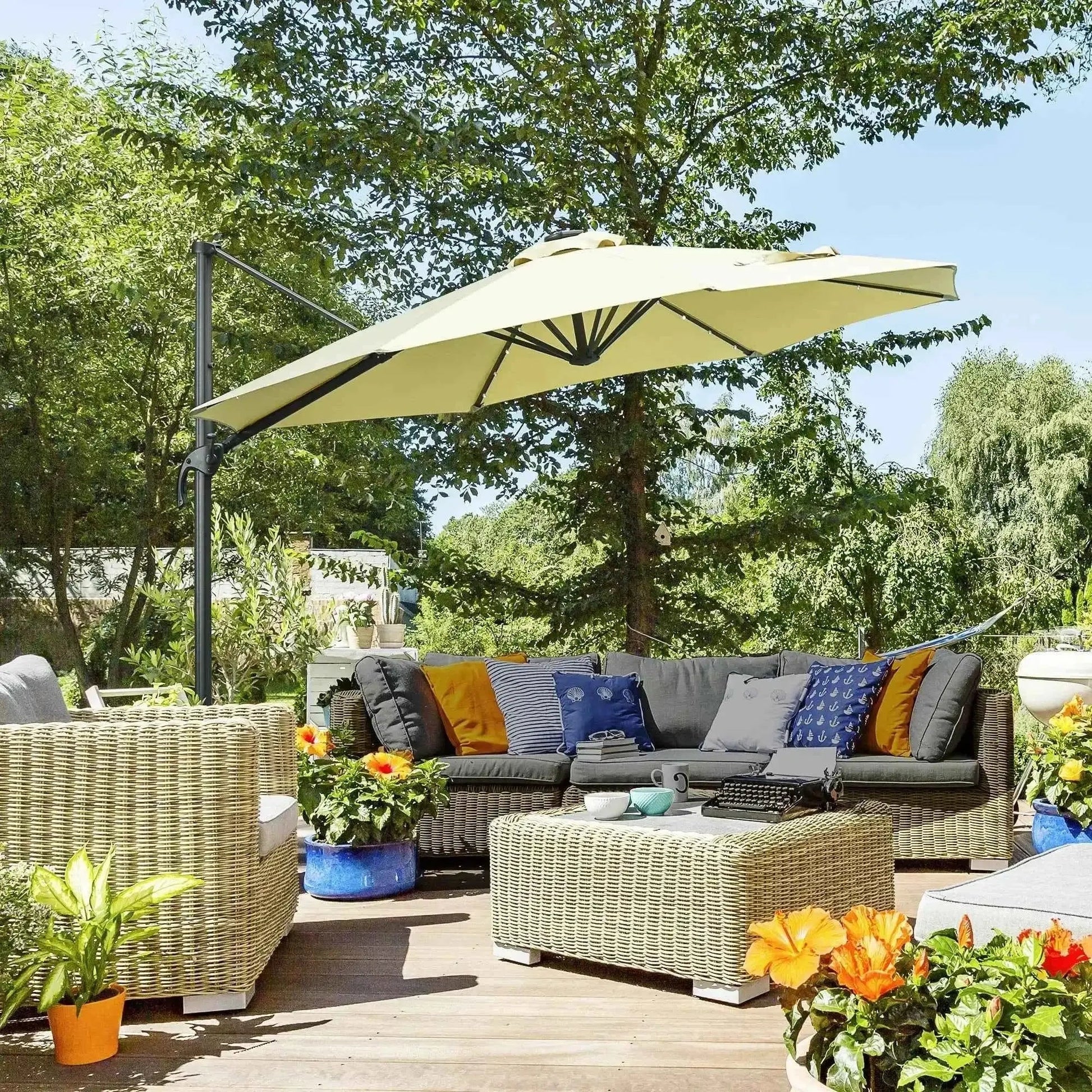 Beige outsunny 3m solar led cantilever patio umbrella with black metal frame and 360 degree rotation