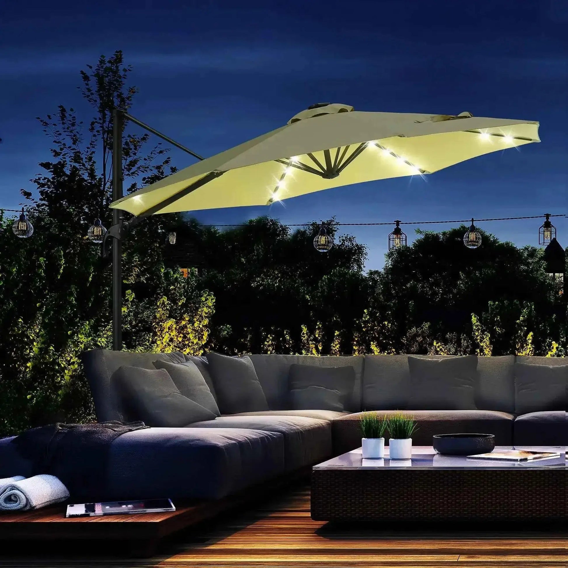 Cream-colored led-lit cantilever patio umbrella with sleek metal frame outsunny 3m solar led cantilever parasol beige
