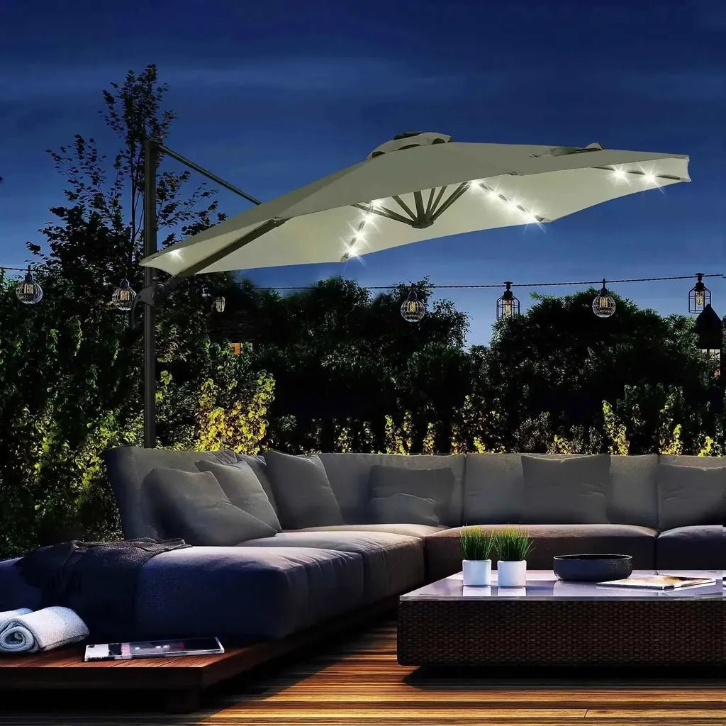 Outsunny 3m beige cantilever patio umbrella with integrated solar led lights 360 degree rotation gray model 84d-099gy