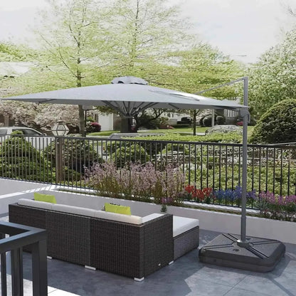 Outsunny gray cantilever patio umbrella with solar LED lights, sturdy metal frame, and weighted base for outdoor use