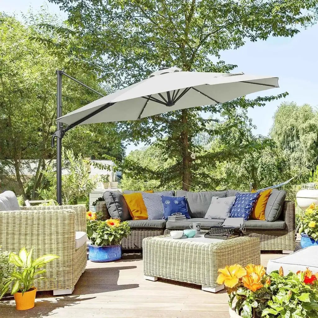 Beige cantilever patio umbrella with black metal frame from outsunny 3m solar led cantilever parasol 360 degree gray model
