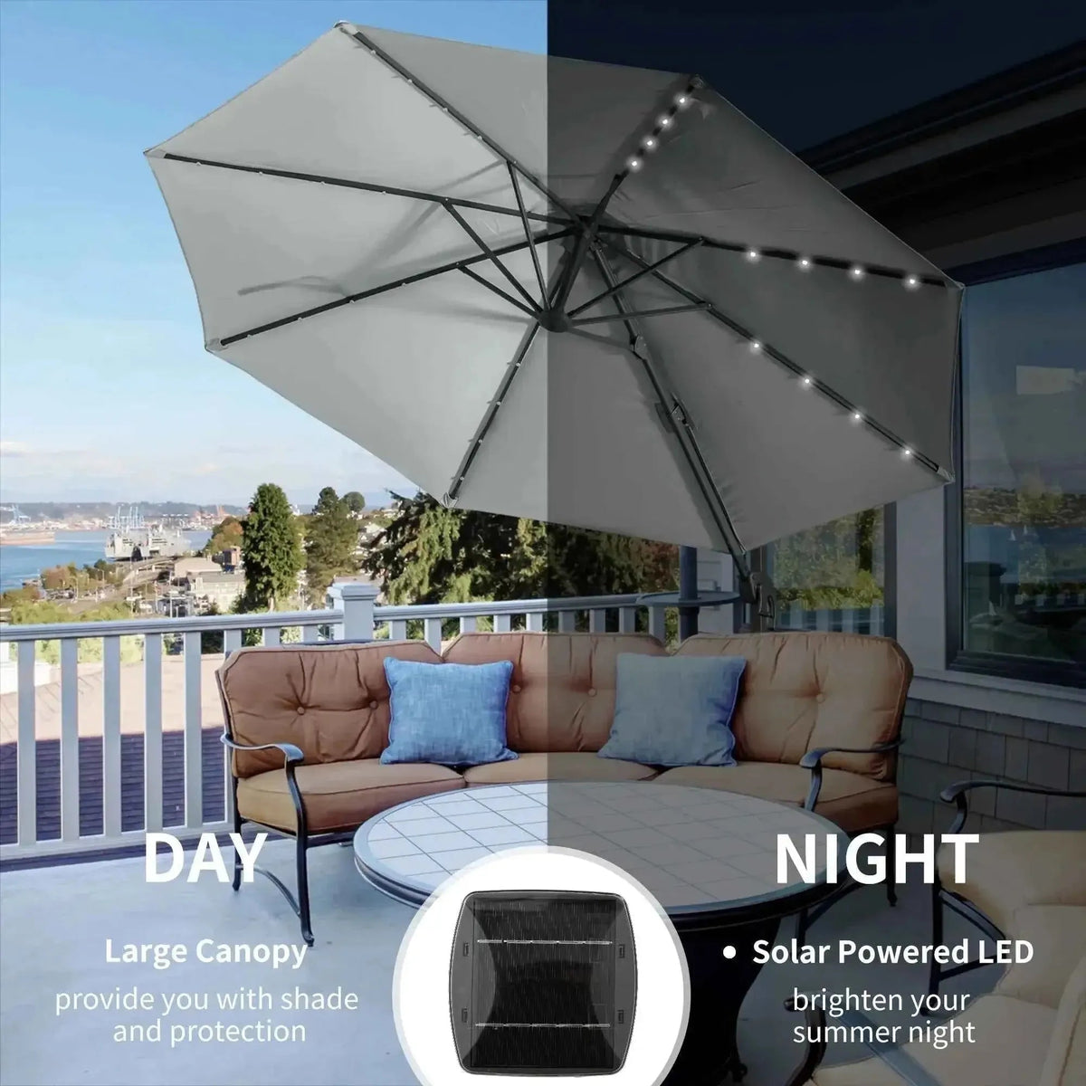 Beige outsunny 3m solar LED cantilever patio parasol with 360 degree rotation and LED lights along the ribs