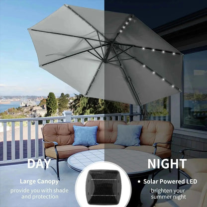 Beige outsunny 3m solar LED cantilever patio parasol with 360 degree rotation and LED lights along the ribs