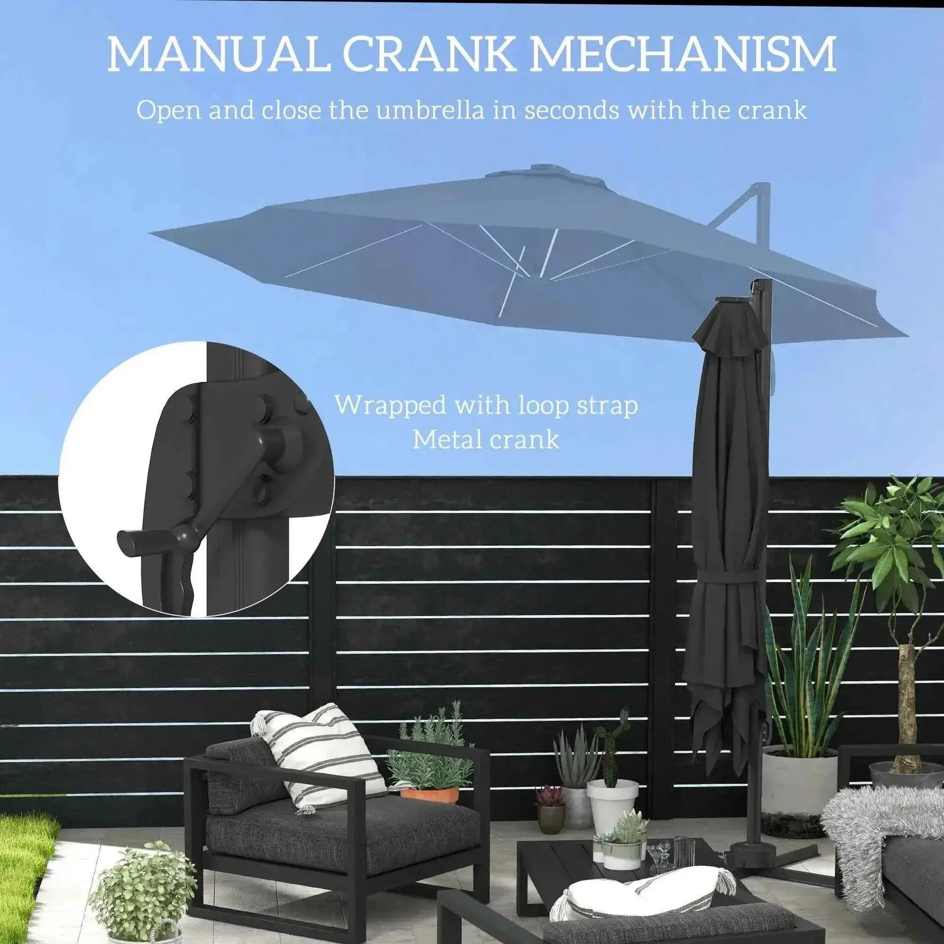Dark gray outsunny 3m solar led cantilever parasol with manual metal crank handle for outdoor use