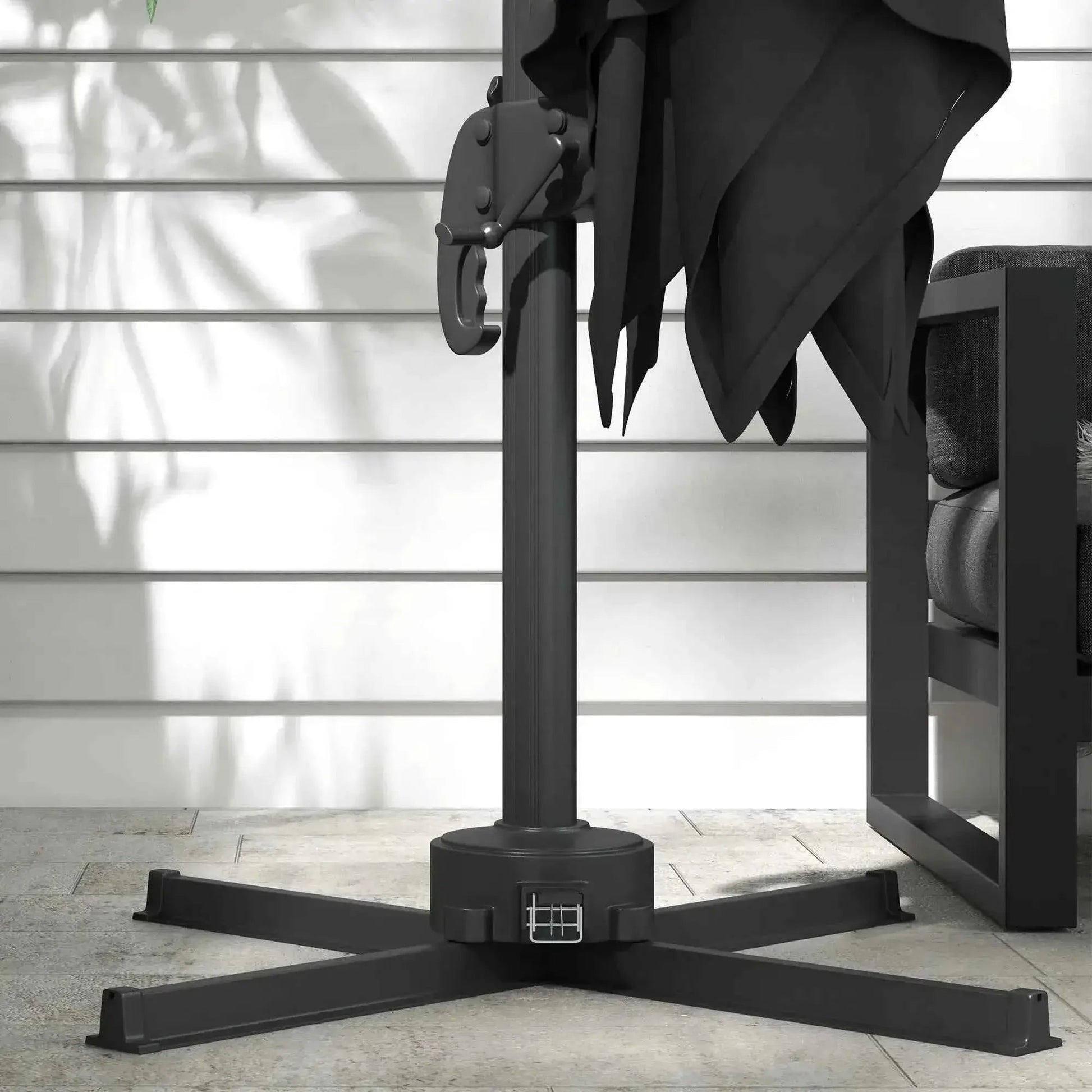 Black metal patio umbrella stand with sturdy cross-base design for outsunny 3m solar led cantilever parasol dark grey