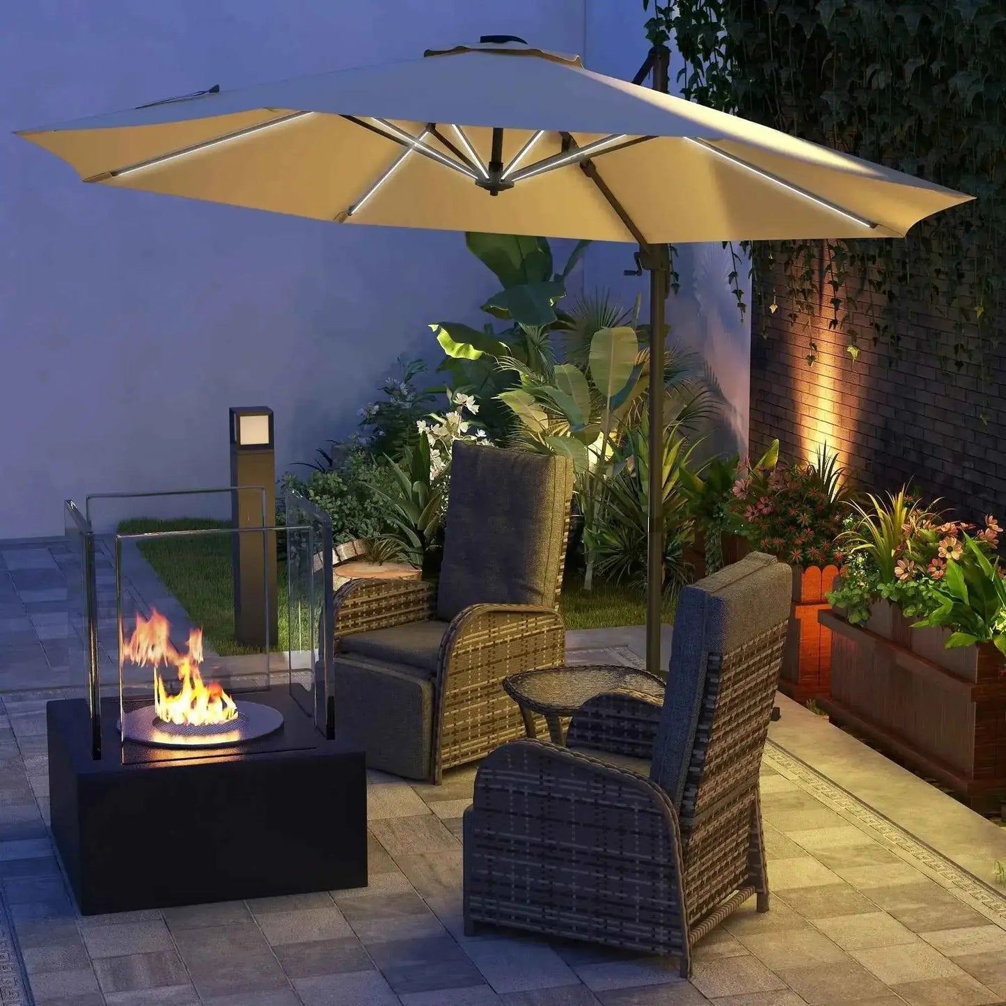 Beige khaki outsunny 3m solar led cantilever parasol with sturdy metal frame for outdoor patio use