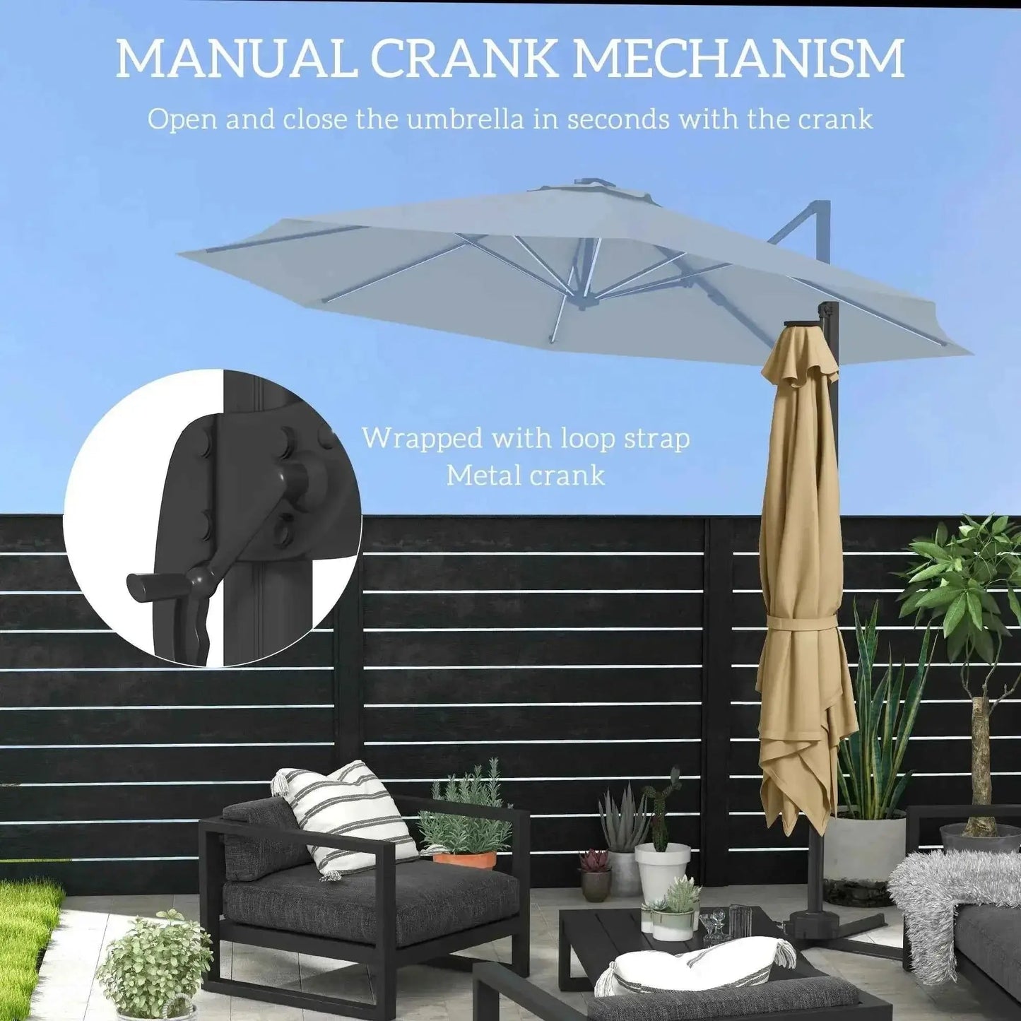 Outsunny 3m gray outdoor cantilever umbrella with black metal crank and solar led lights for manual operation