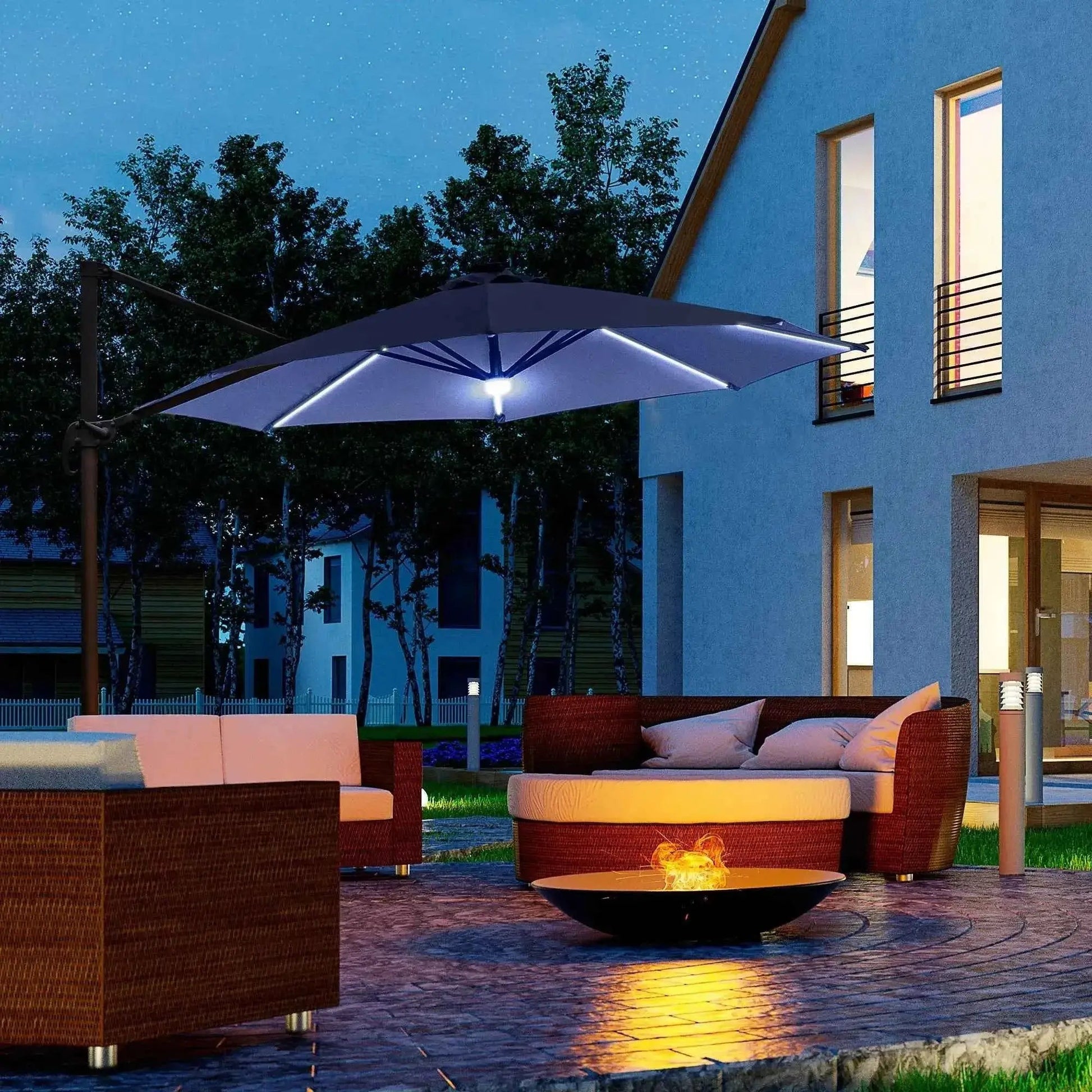 Outsunny 3m Solar LED Cantilever Parasol with Base - Blue | 84D-104NU