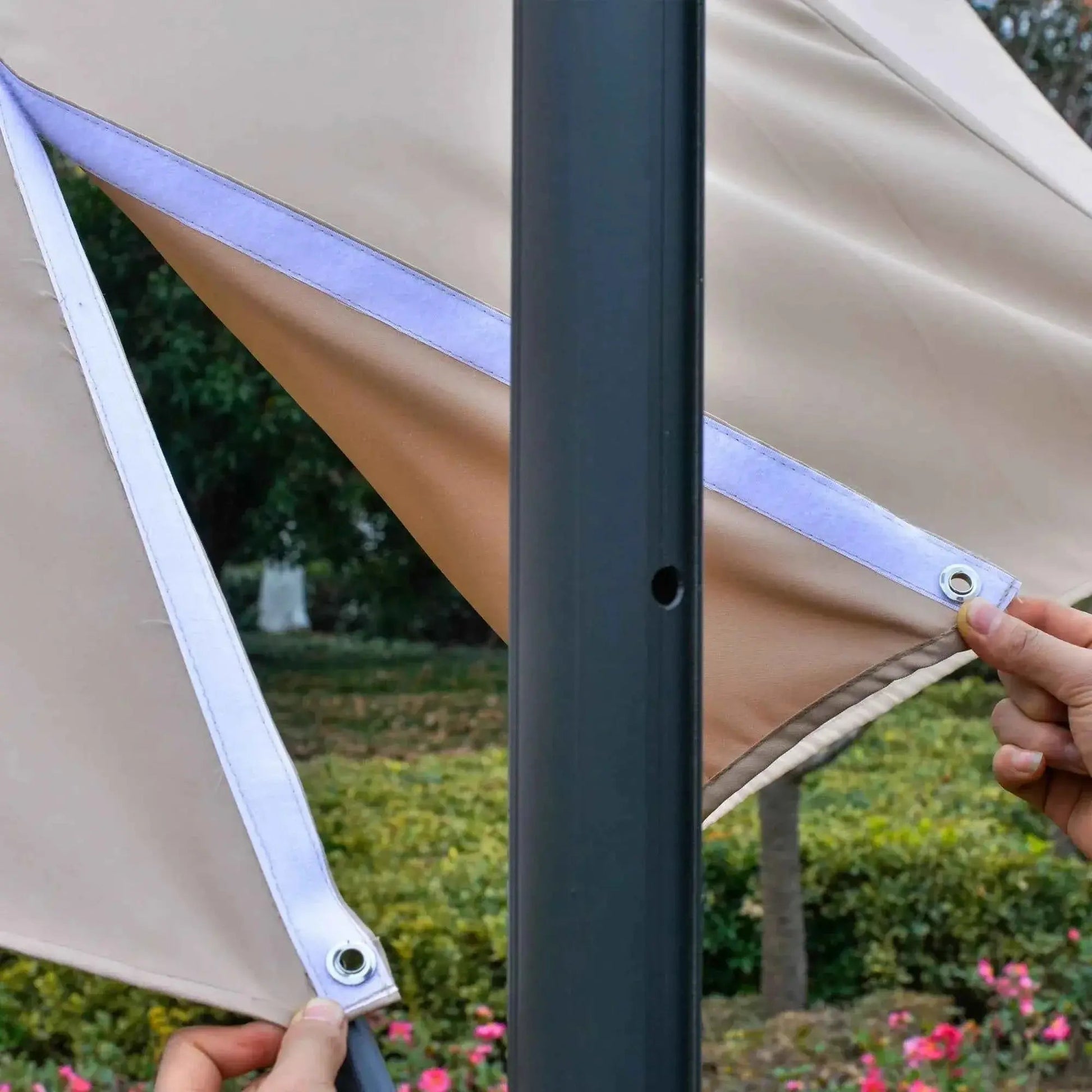 Beige canvas patio umbrella with white reinforced edges and metal grommets from outsunny 3m solar led cantilever parasol