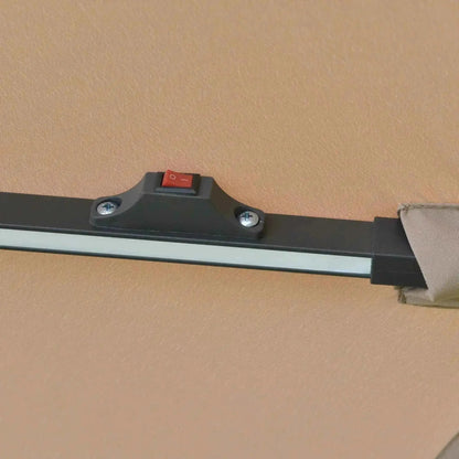 Black plastic switch with red button on sleek modern frame of outsunny 3m solar led cantilever parasol brown base
