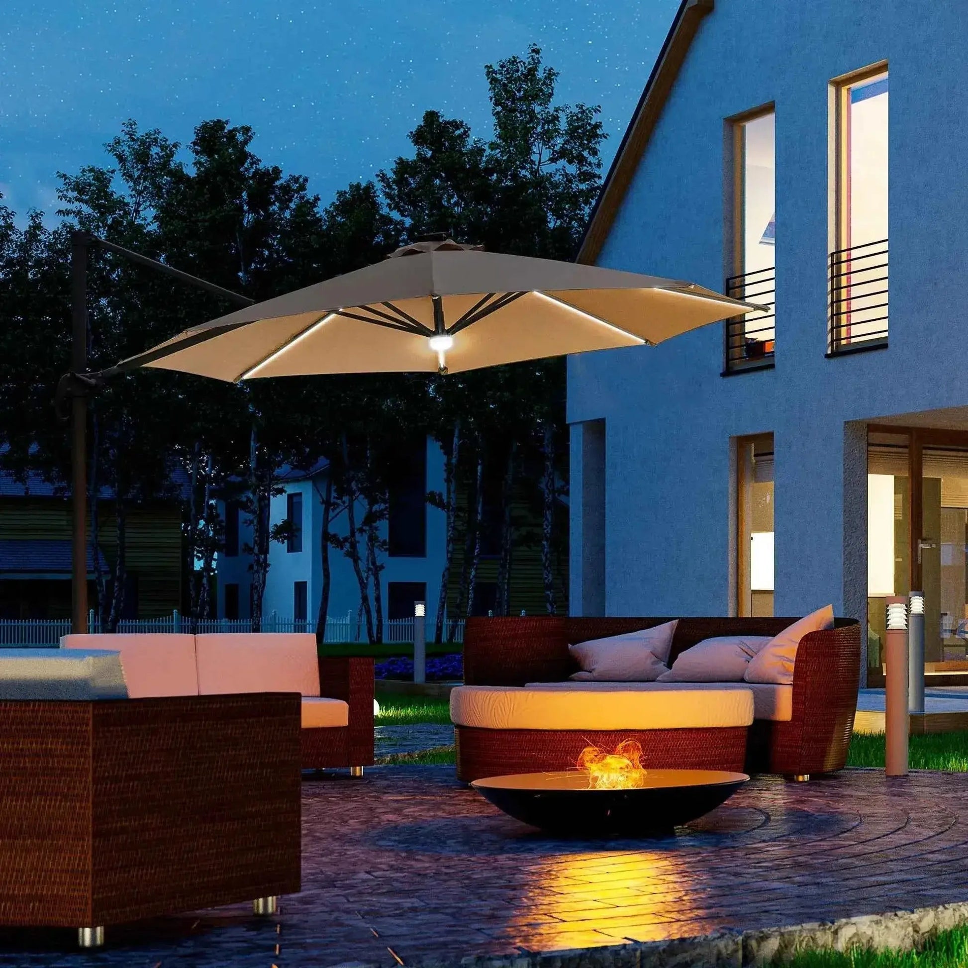 Beige led outdoor cantilever umbrella with solar power and base from Outsunny featuring a modern sleek brown design