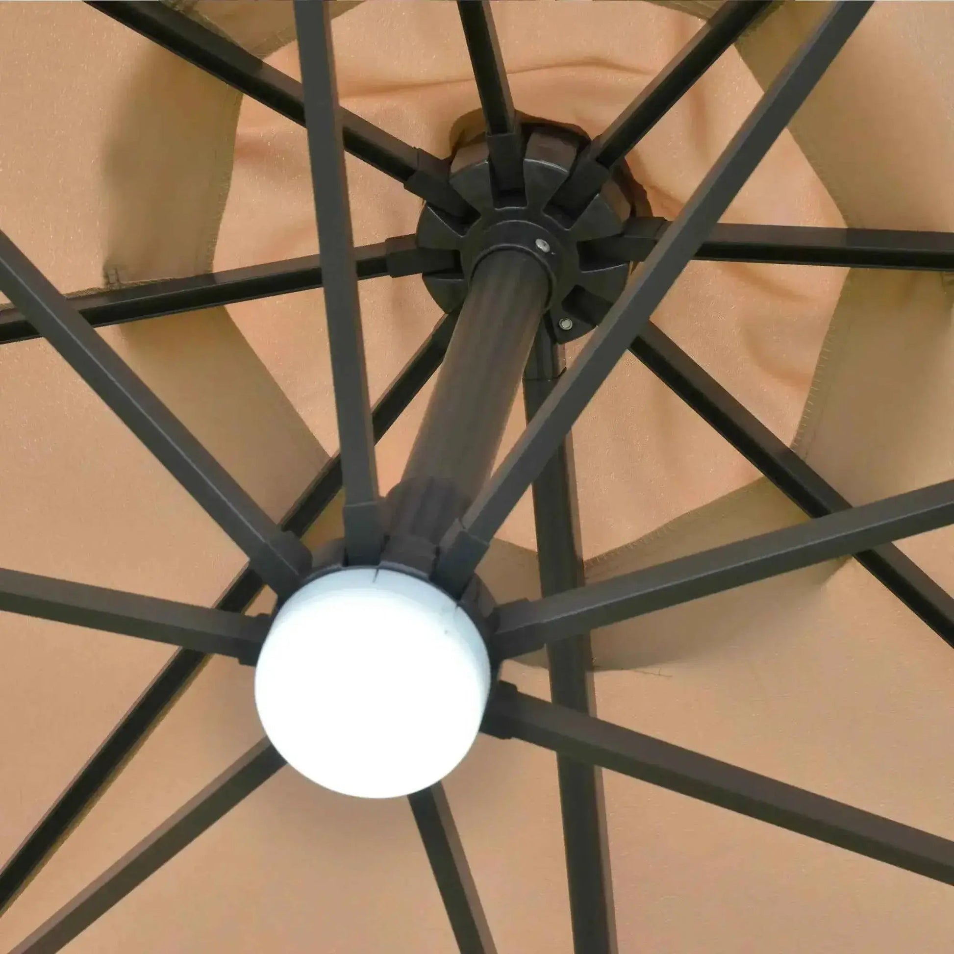 A round white led light fixture mounted at the center of a black metal frame of an outsunny brown solar led cantilever parasol