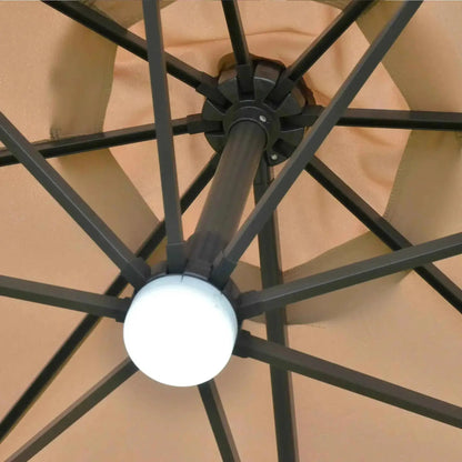 A round white led light fixture mounted at the center of a black metal frame of an outsunny brown solar led cantilever parasol