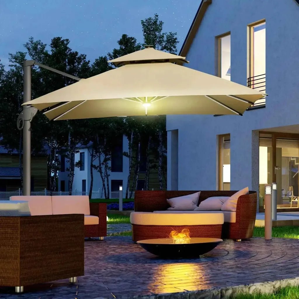 Beige two-tiered cantilever patio umbrella with integrated lighting and aluminium frame, adjustable angle, khaki canopy