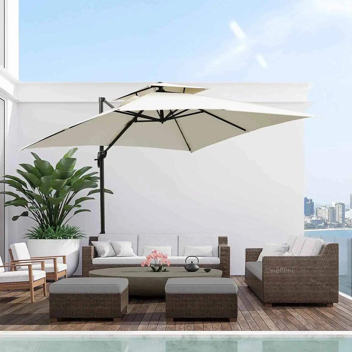 Beige fabric patio umbrella with black steel frame by Outsunny for outdoor use cantilever style 3 meter diameter