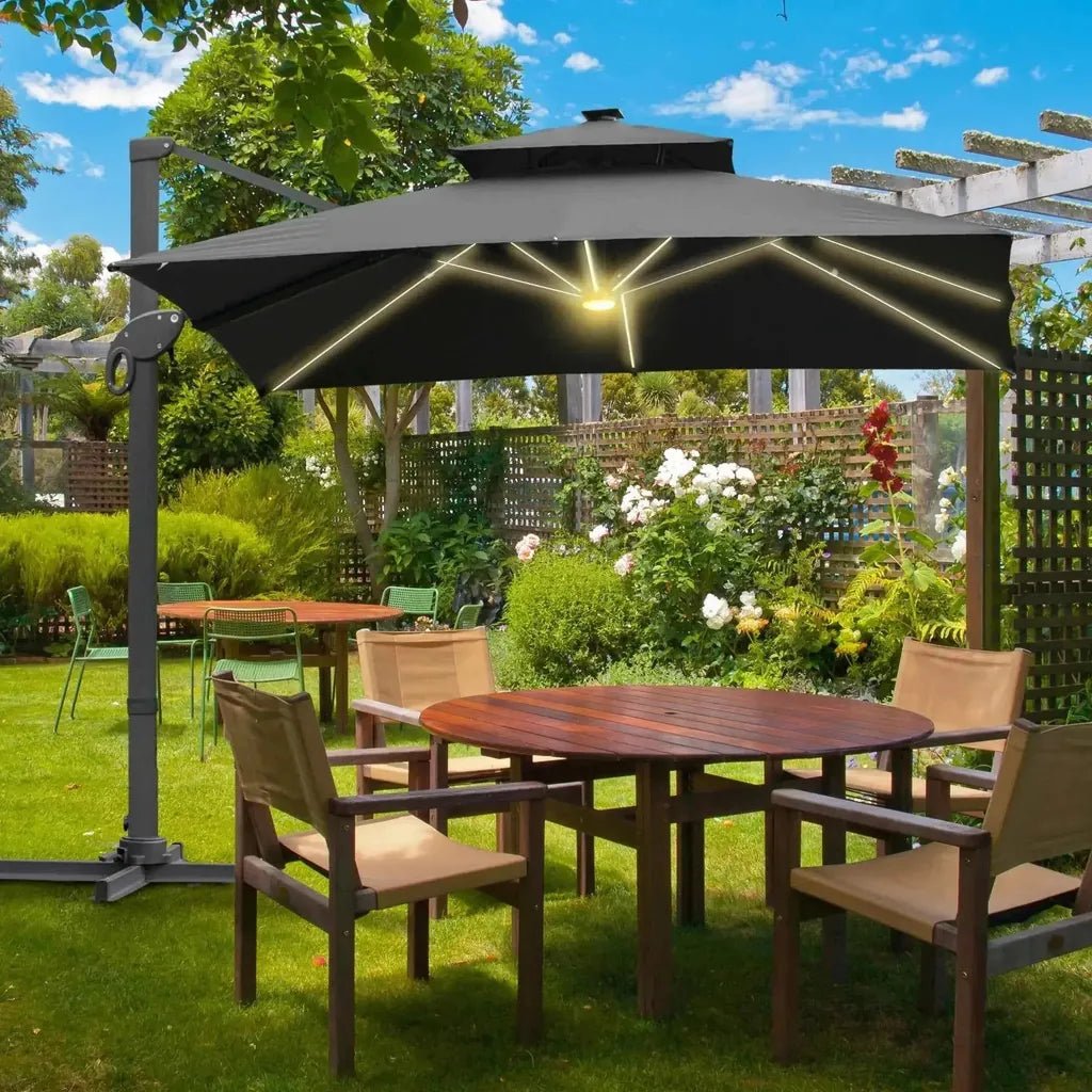 Black cantilever cantilever patio umbrella with integrated led lighting aluminum frame adjustable angle gray canopy